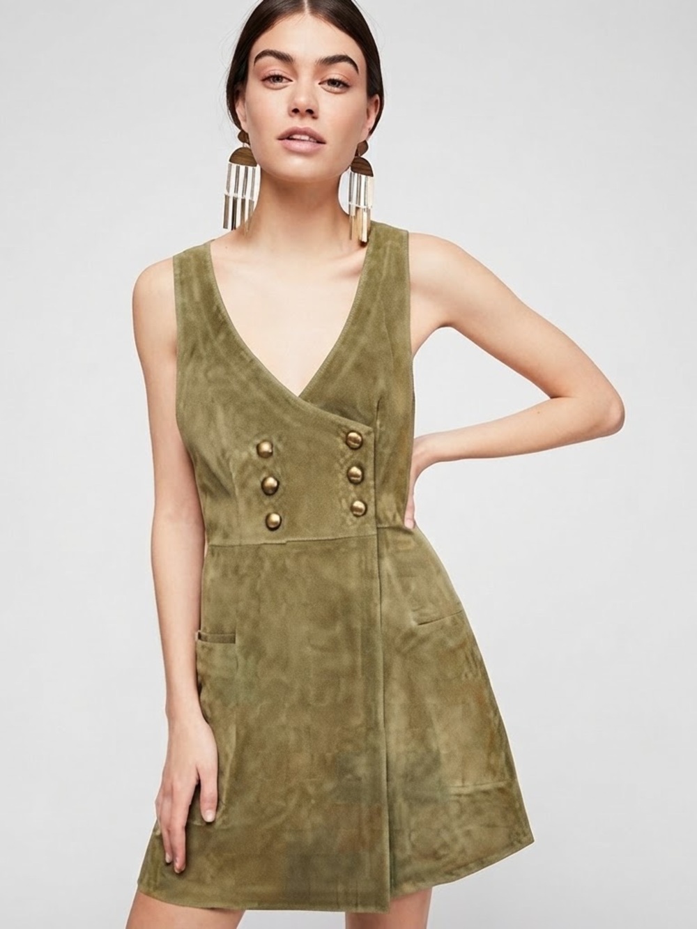 Free People Stevie Mini Dress Olive Green Suede Double-Breasted Sz 6 Military